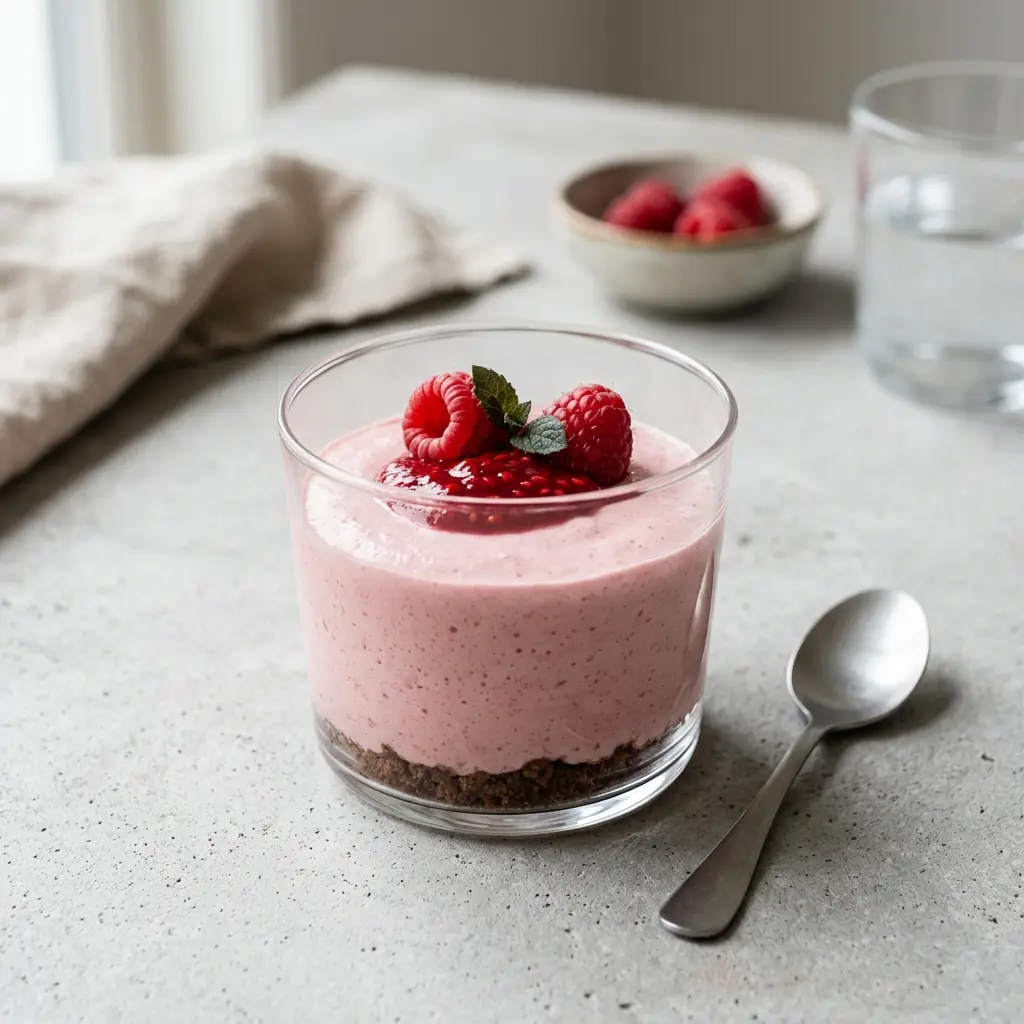 Hemlagad hallonmousse serverad som en söt och inbjudande dessert