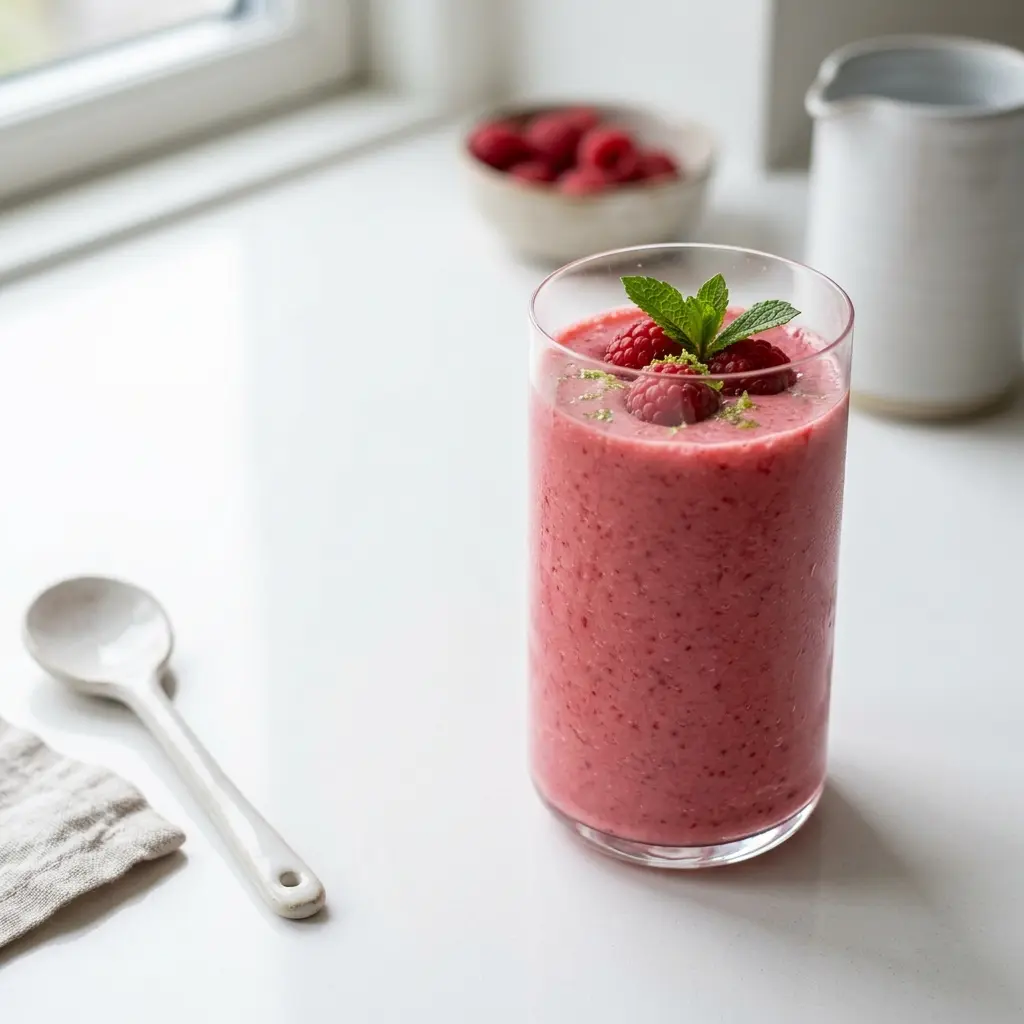 Ett glas hallonsmoothie serverat kallt och fräscht med enkel garnering