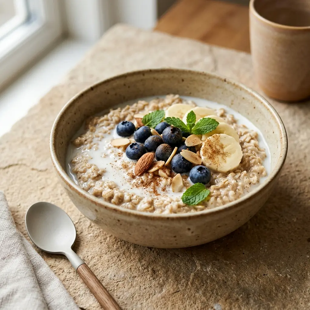 Havregryn med mjölk serverad i skål som enkel frukost med mild smak
