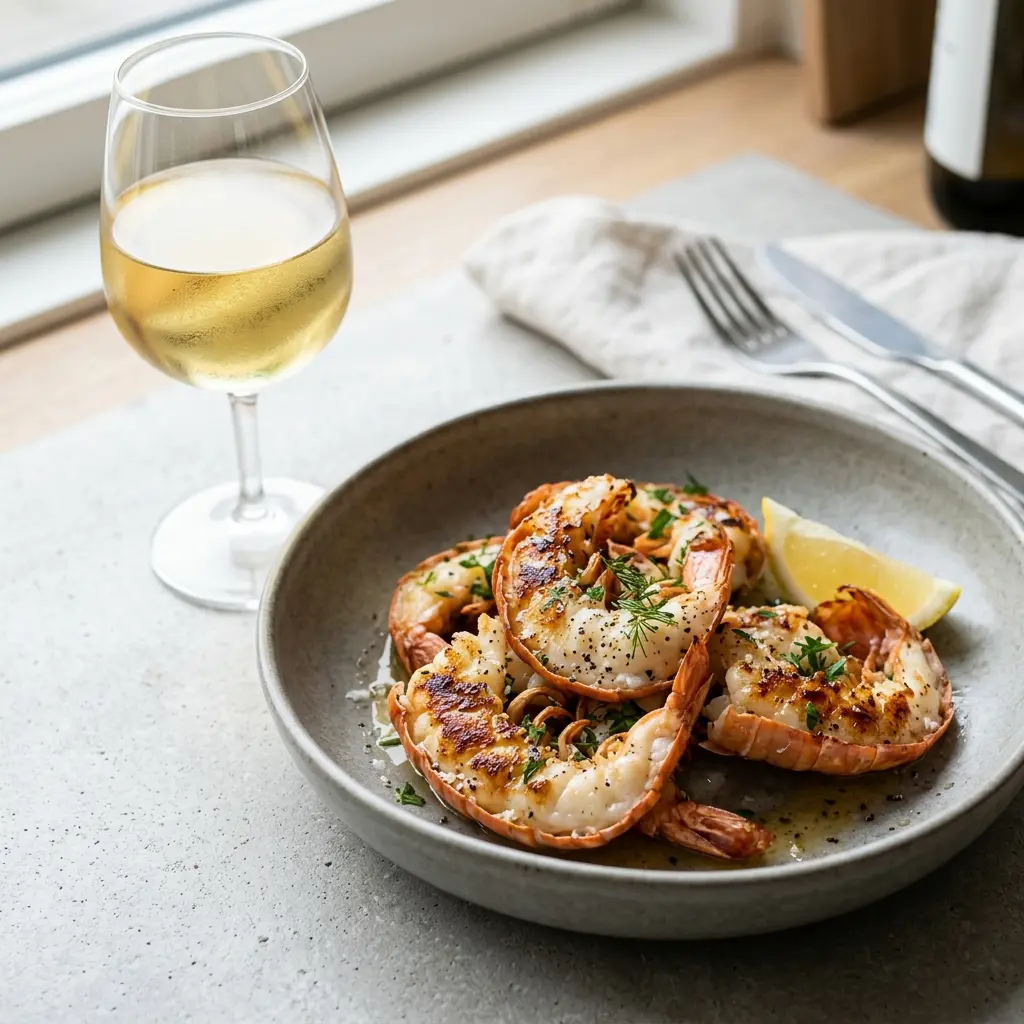 Ett glas havskräftstjärtar i stekpanna serverat kallt och fräscht med enkel garnering