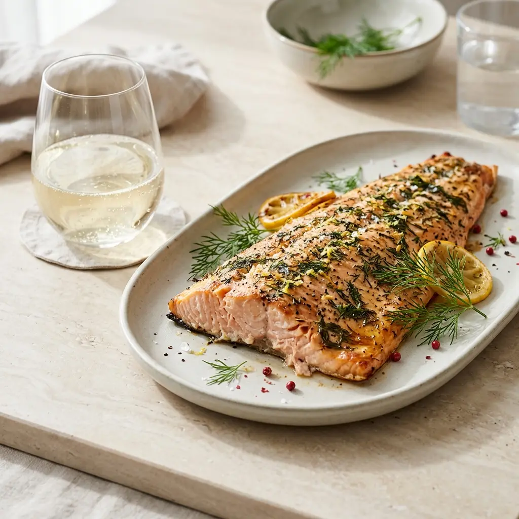 Nylagad hel laxsida i ugn serverad på ett aptitligt och hemlagat sätt