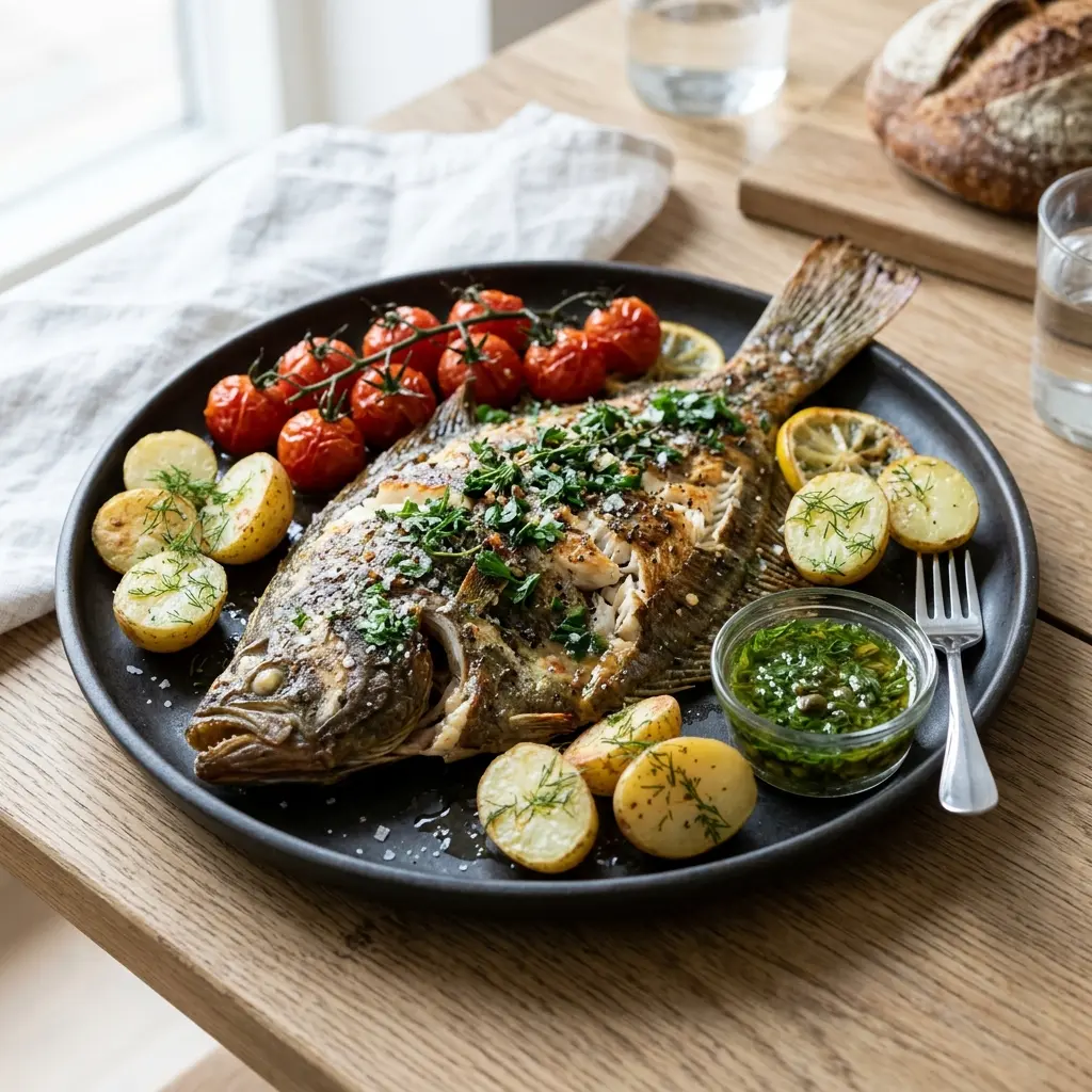 Nylagad hel rödspätta i ugn serverad på ett aptitligt och hemlagat sätt