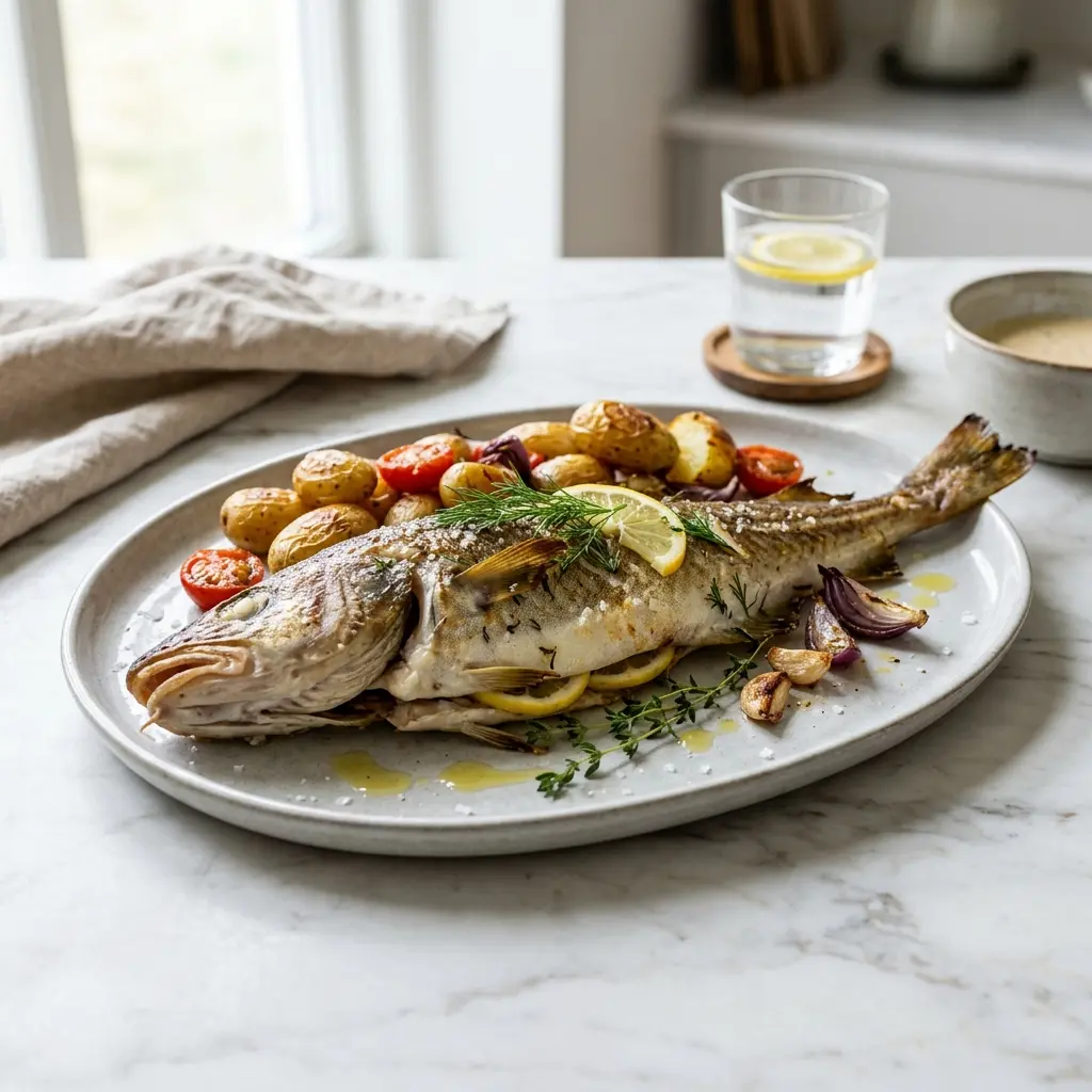 Nylagad hel torsk i ugn serverad på ett aptitligt och hemlagat sätt