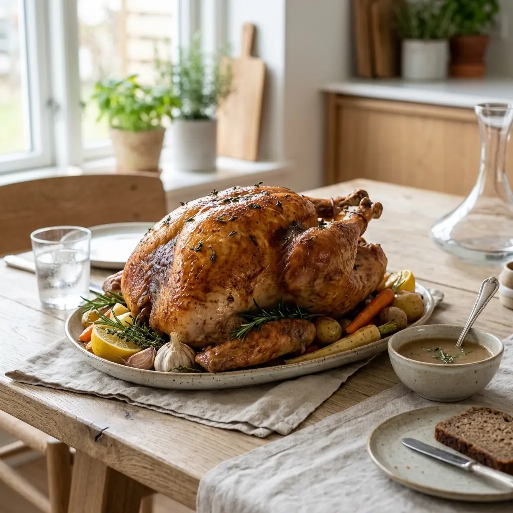 Ett glas helstekt kalkon i ugn serverat kallt och fräscht med enkel garnering