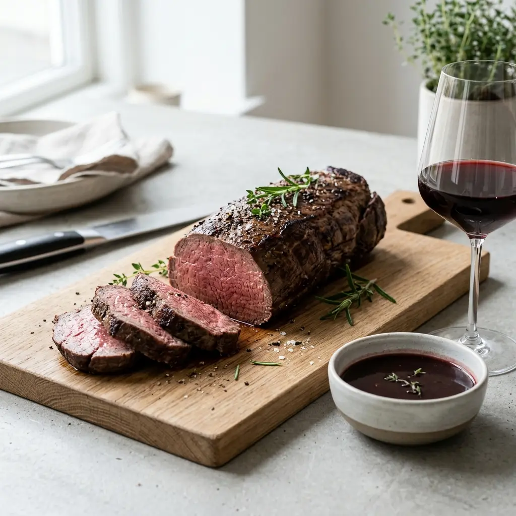 Ett glas helstekt oxfilé serverat kallt och fräscht med enkel garnering