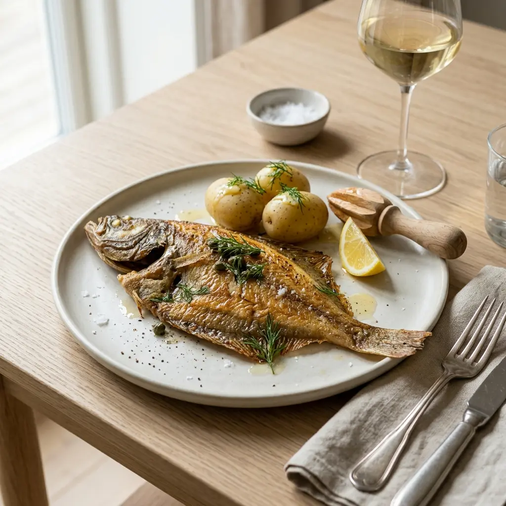Ett glas helstekt rödspätta serverat kallt och fräscht med enkel garnering