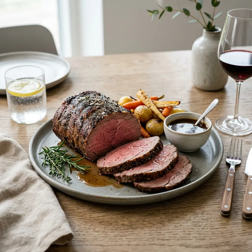 Ett glas helstekt ryggbiff serverat kallt och fräscht med enkel garnering