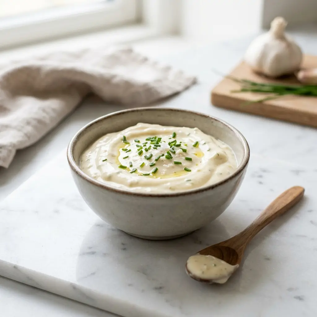 En skål med hemgjord aioli klar att servera som smakrikt tillbehör