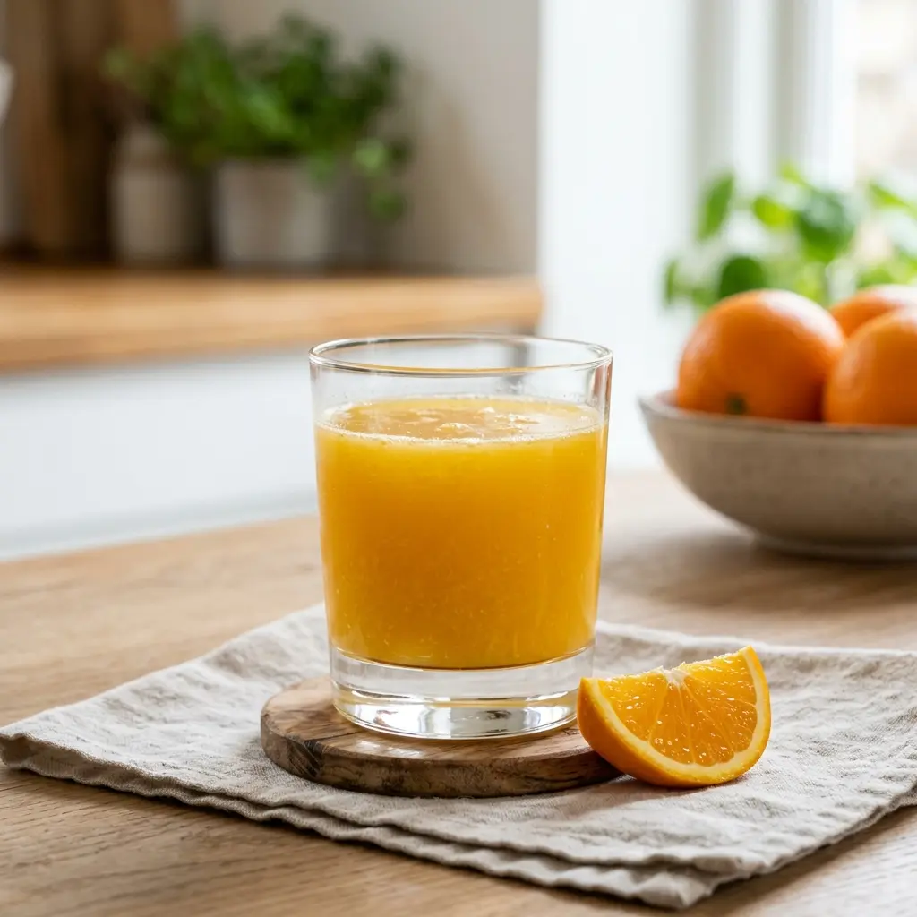 Ett glas hemgjord apelsinjuice serverat kallt och fräscht med enkel garnering