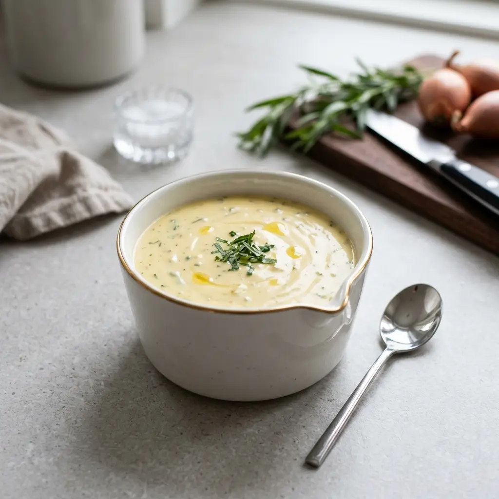 Nylagad hemgjord bearnaise serverad på ett aptitligt och hemlagat sätt