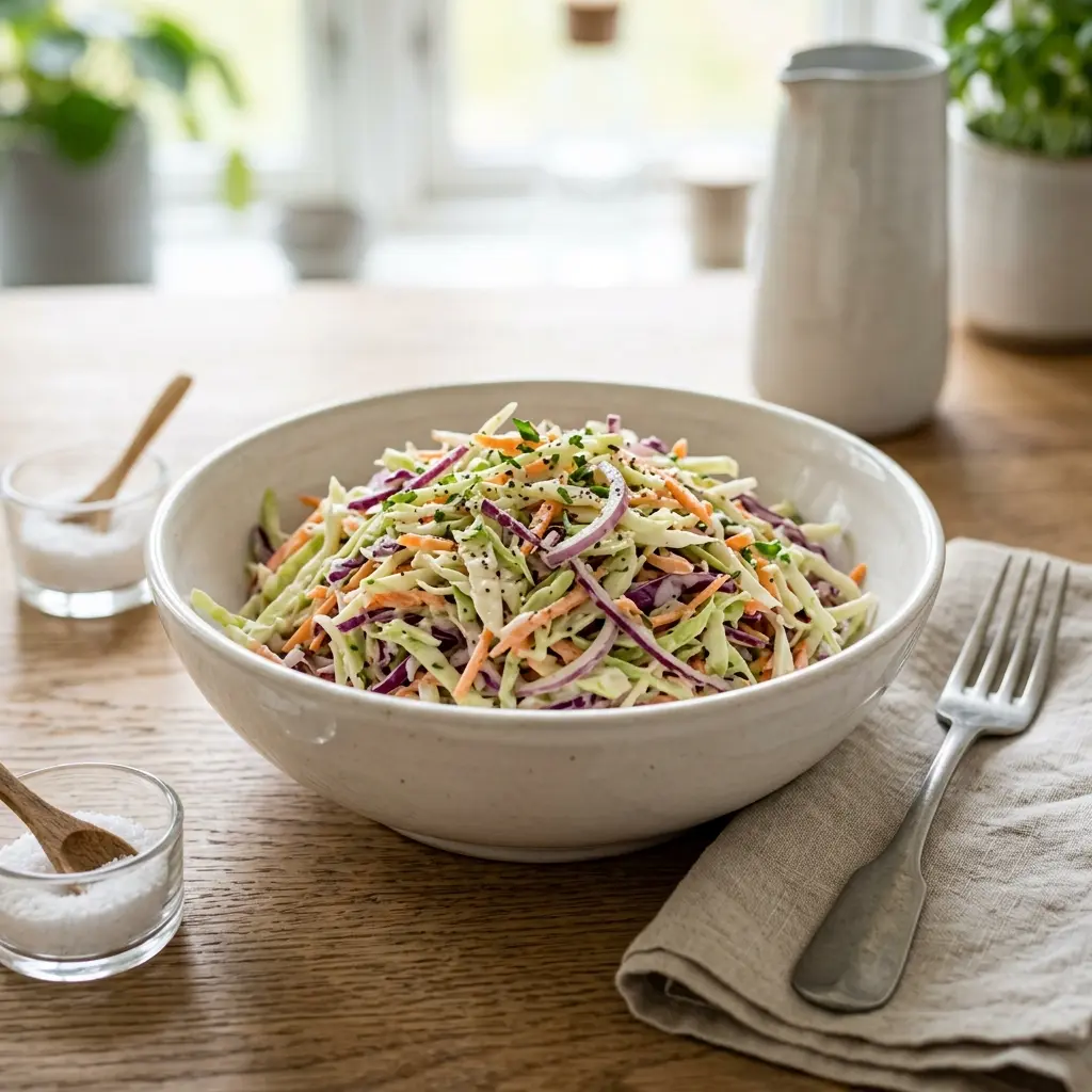 En fräsch portion hemgjord coleslaw med färska råvaror och fin servering