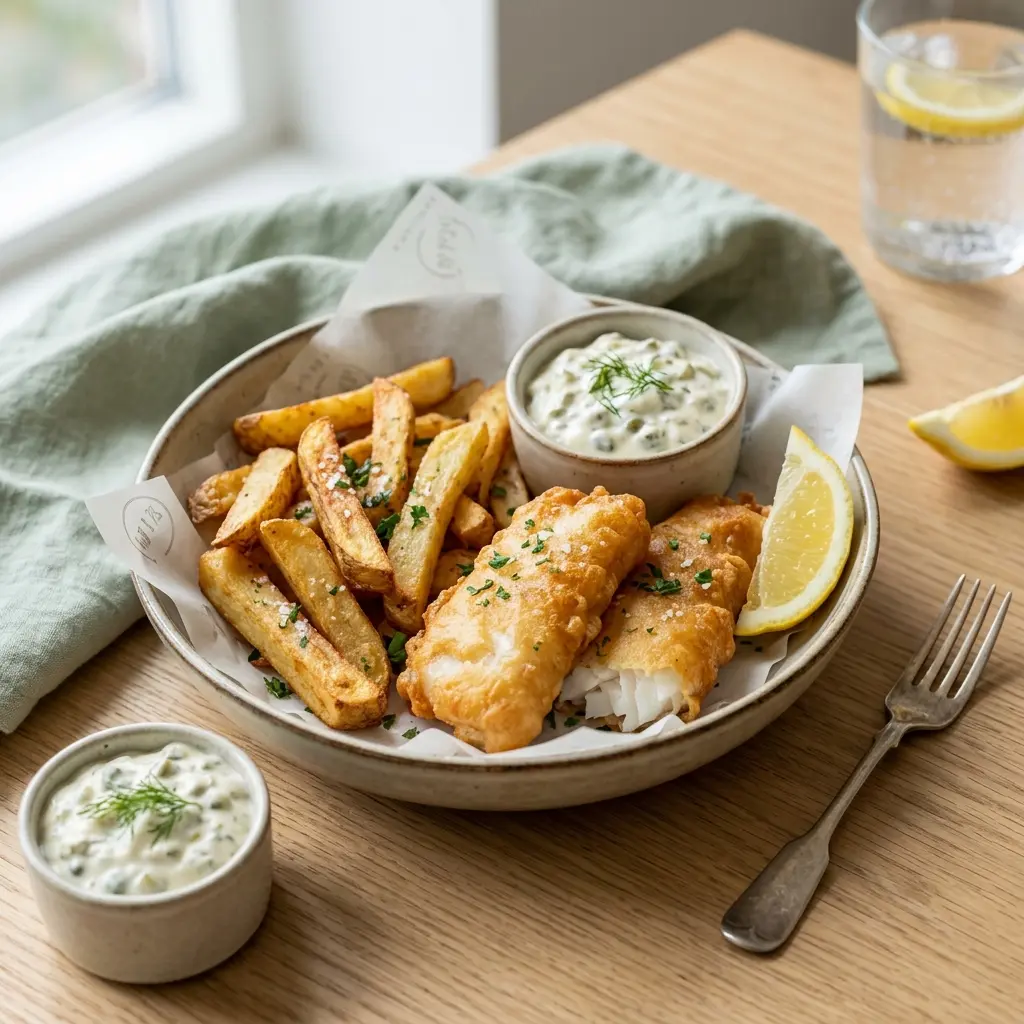 Nylagad hemgjord fish and chips serverad på ett aptitligt och hemlagat sätt