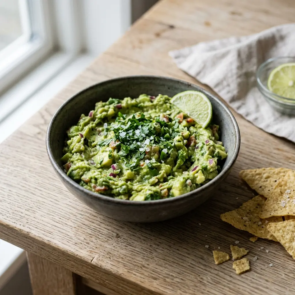Nylagad hemgjord guacamole serverad på ett aptitligt och hemlagat sätt
