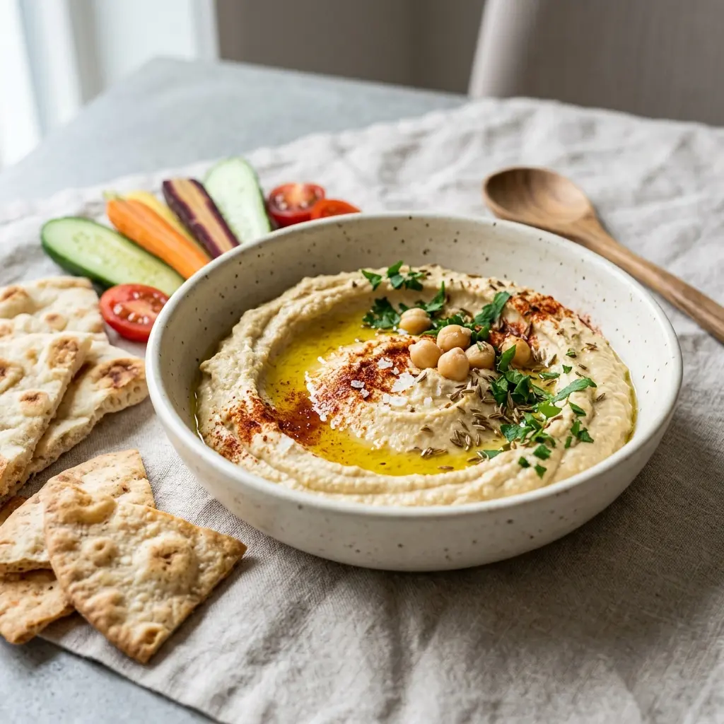 Nylagad hemgjord hummus serverad på ett aptitligt och hemlagat sätt