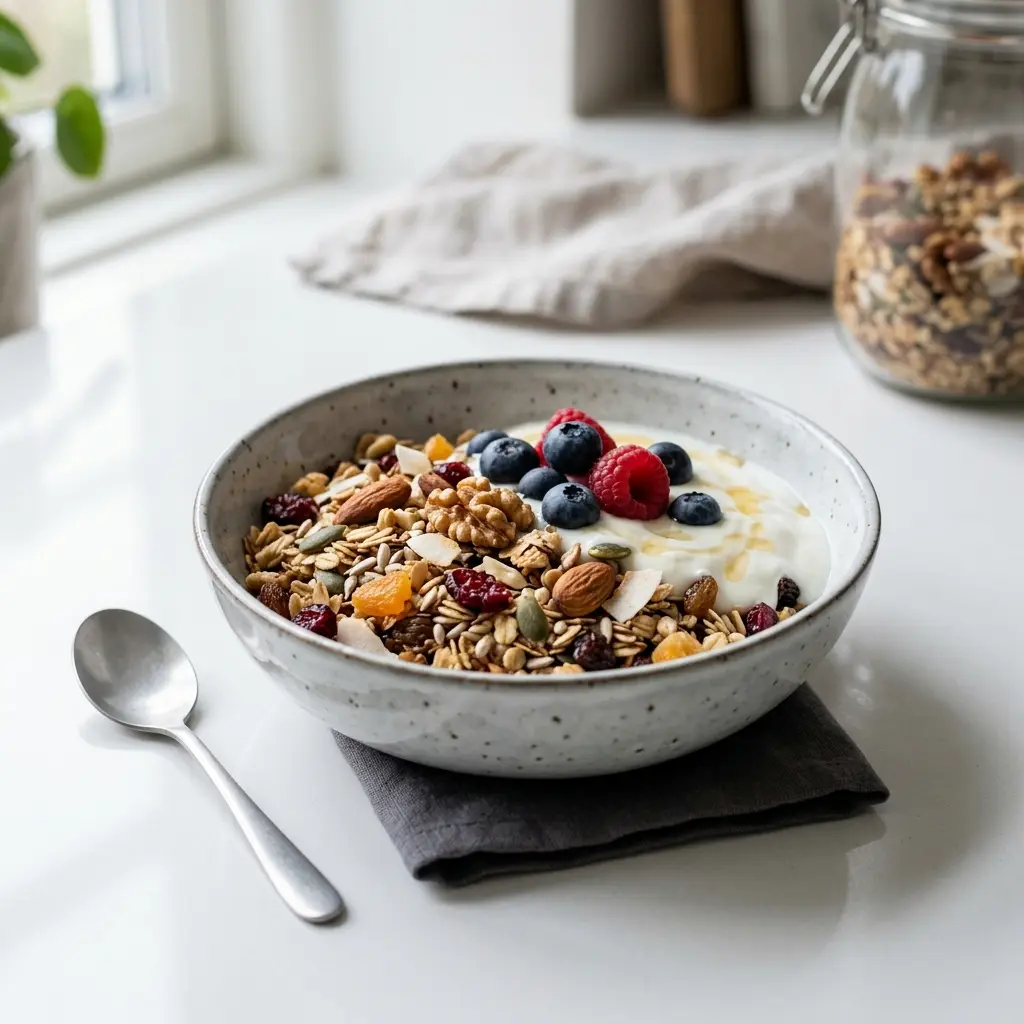 Nylagad hemgjord müsli serverad på ett aptitligt och hemlagat sätt