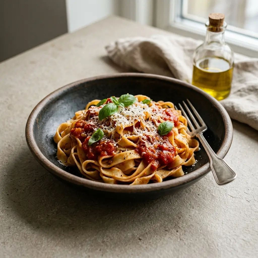 Nylagad hemgjord pasta serverad på ett aptitligt och hemlagat sätt