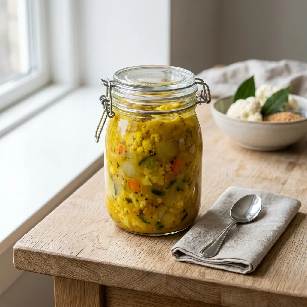 Nylagad hemgjord piccalilli serverad på ett aptitligt och hemlagat sätt