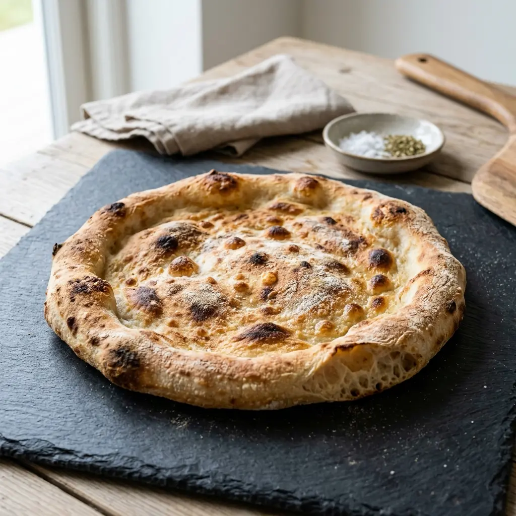 Nylagad hemgjord pizzadeg serverad på ett aptitligt och hemlagat sätt