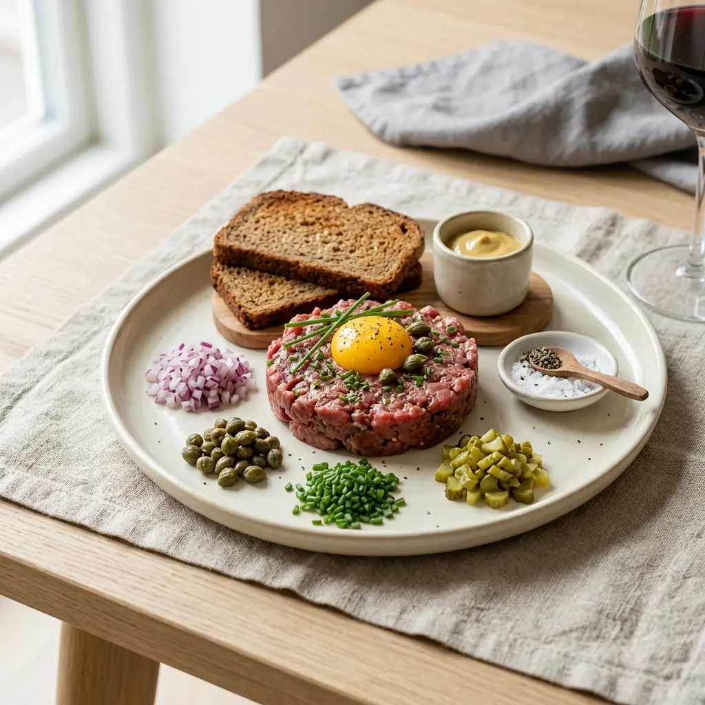 Nylagad hemgjord råbiff serverad på ett aptitligt och hemlagat sätt