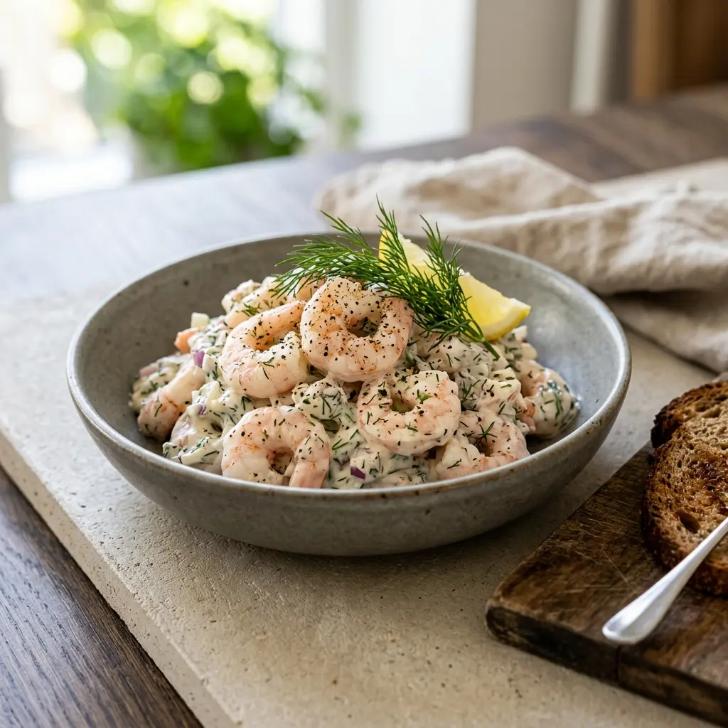 En fräsch portion hemgjord räksallad med färska råvaror och fin servering