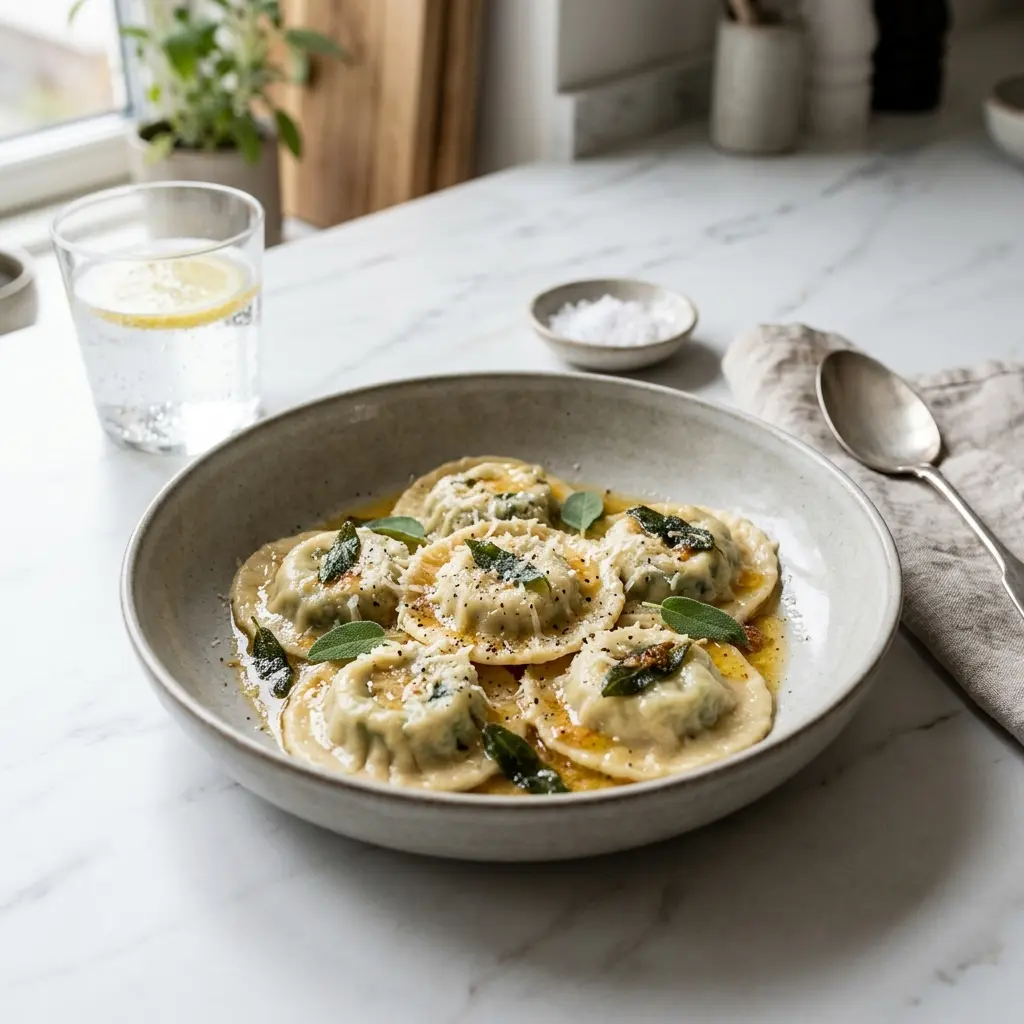 Nylagad hemgjord ravioli serverad på ett aptitligt och hemlagat sätt