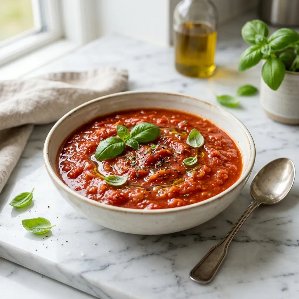 En skål med hemgjord tomatsås klar att servera som smakrikt tillbehör