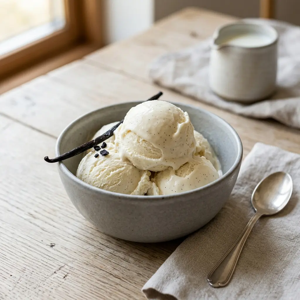 Hemlagad hemgjord vaniljglass serverad som en söt och inbjudande dessert