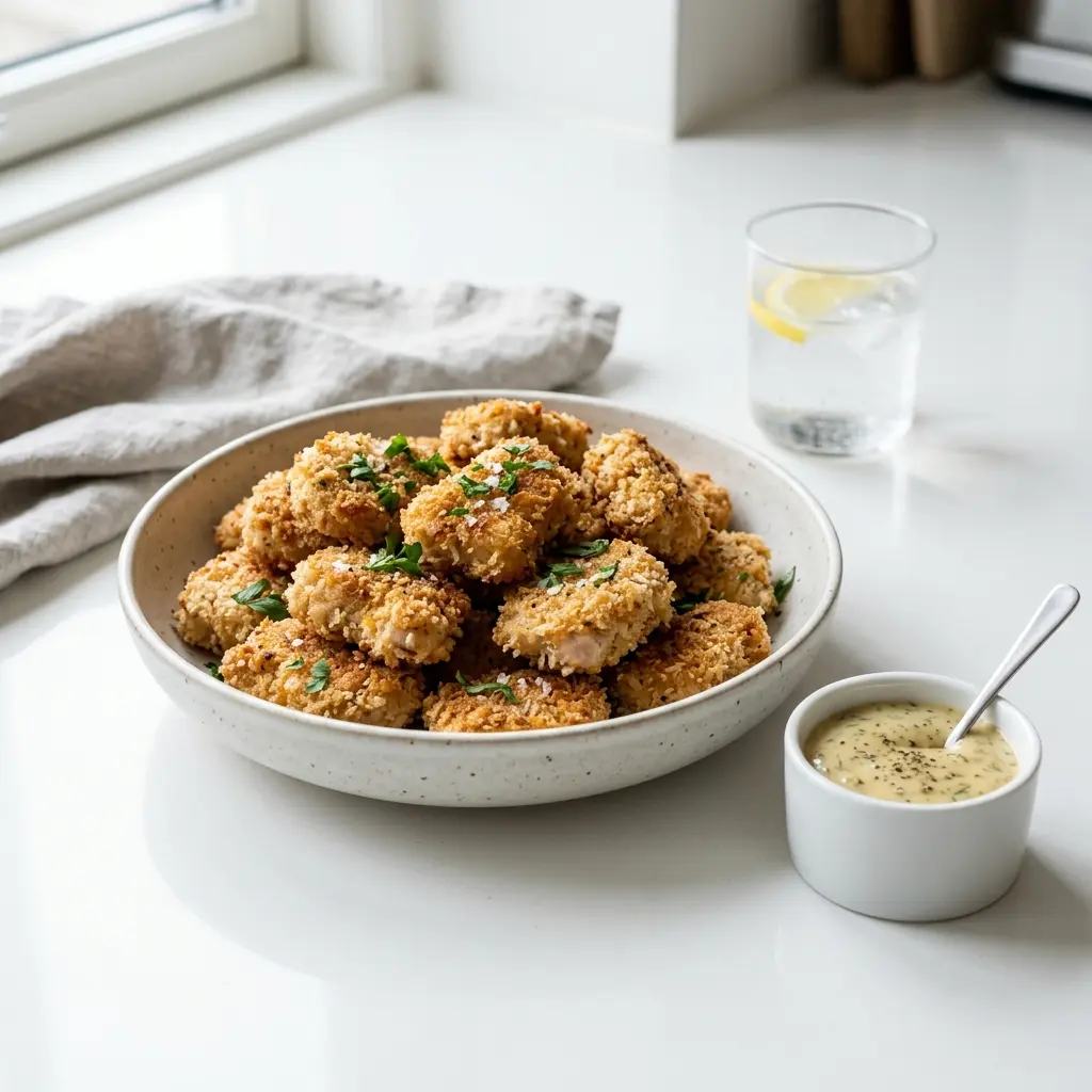 Nylagad hemgjorda kalkonnuggets serverad på ett aptitligt och hemlagat sätt