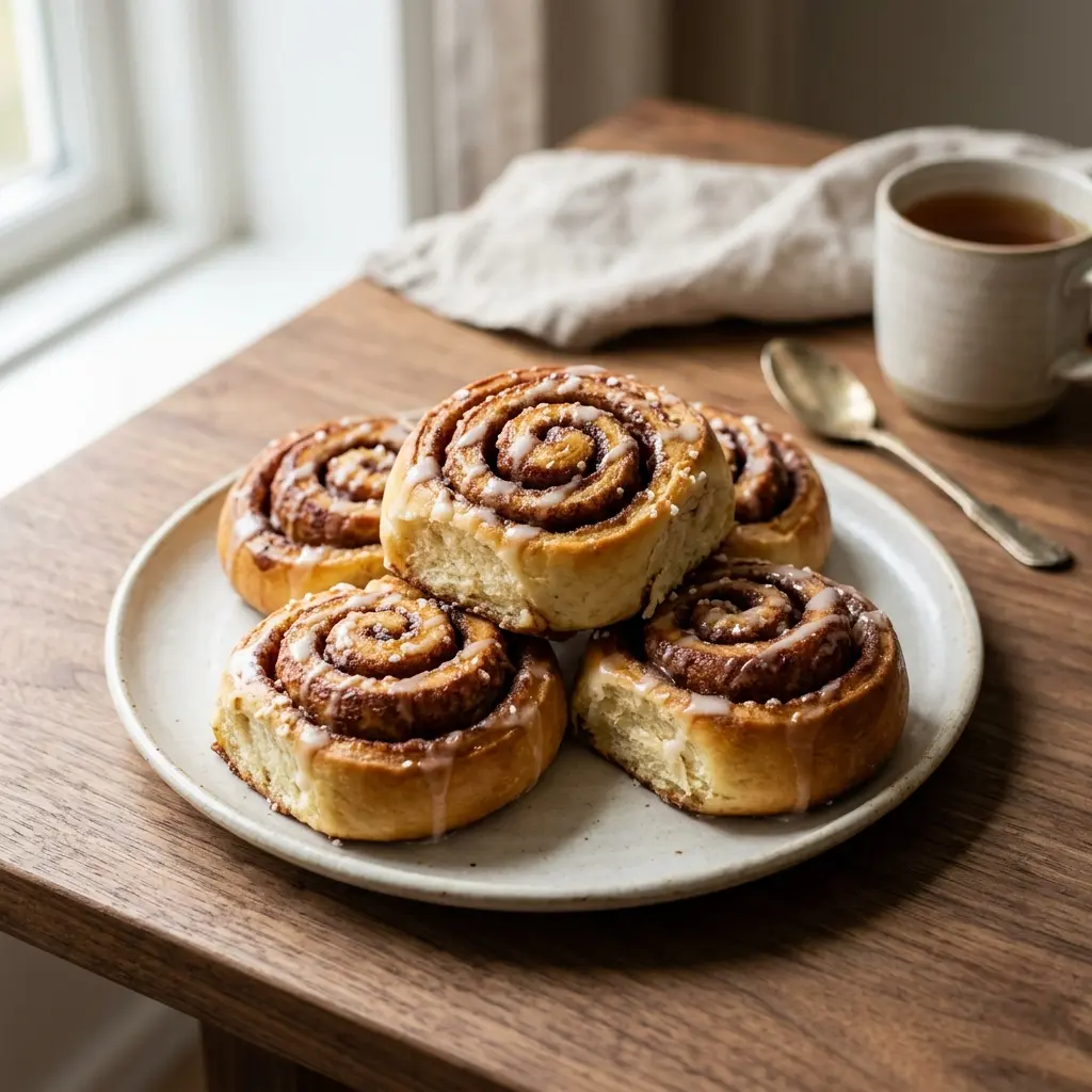 Nybakad hemgjorda kanelbullar serverad och klar att njuta av