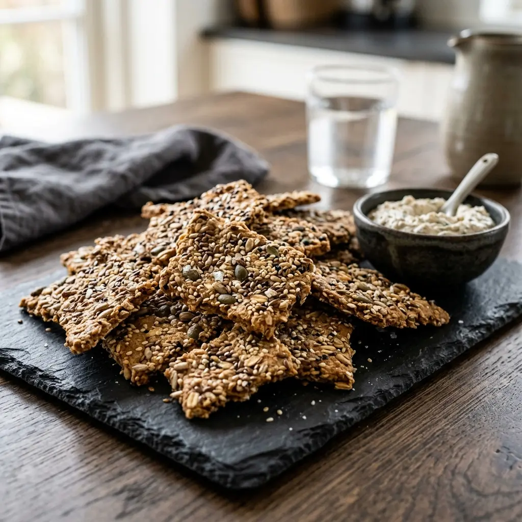 Nybakad hemgjorda knäckebrödschips serverad och klar att njuta av