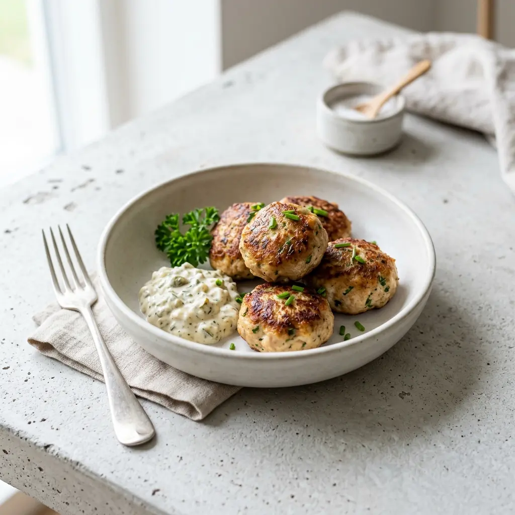 Nylagad hemgjorda kycklingfrikadeller serverad på ett aptitligt och hemlagat sätt