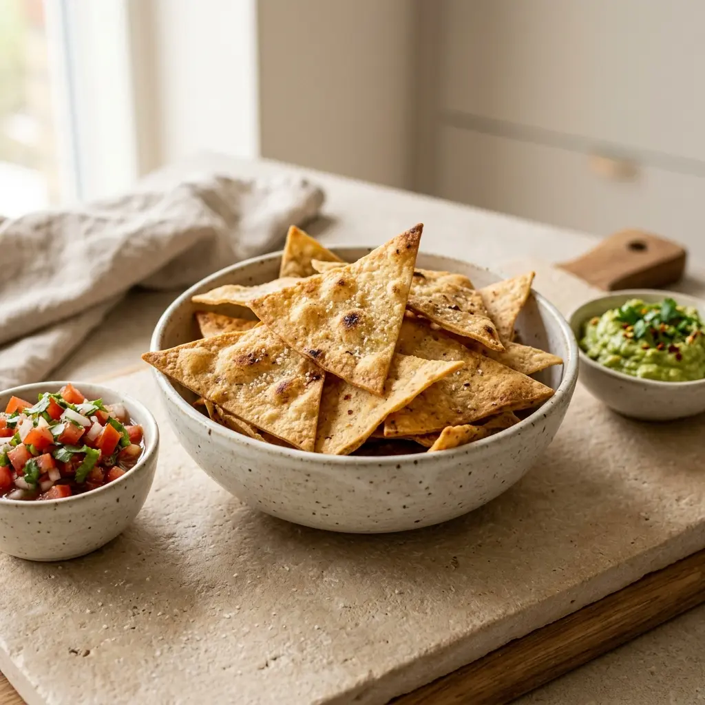 Nylagad hemgjorda tortillachips serverad på ett aptitligt och hemlagat sätt