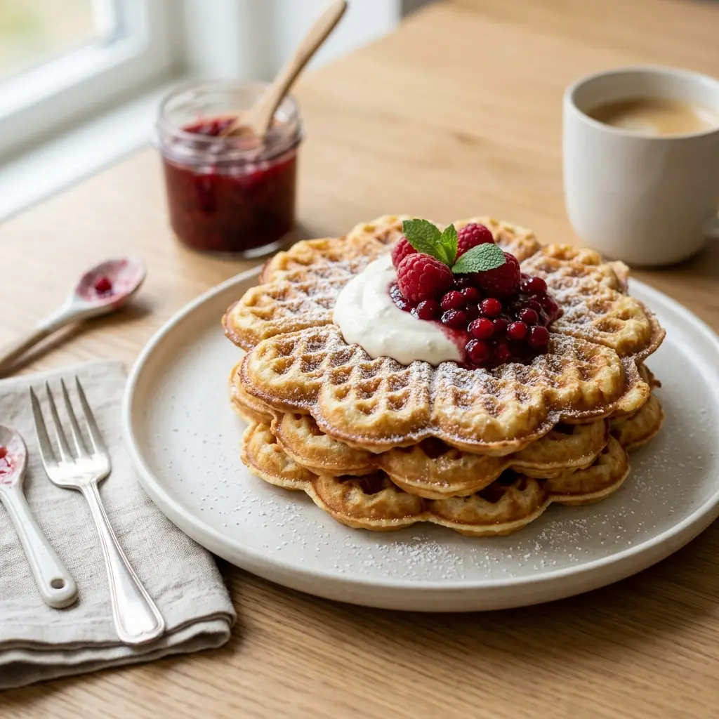 Nybakad hemgjorda våfflor serverad och klar att njuta av