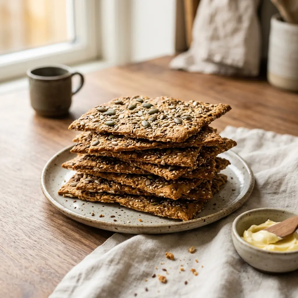 Nybakad hemgjort knäckebröd serverad och klar att njuta av