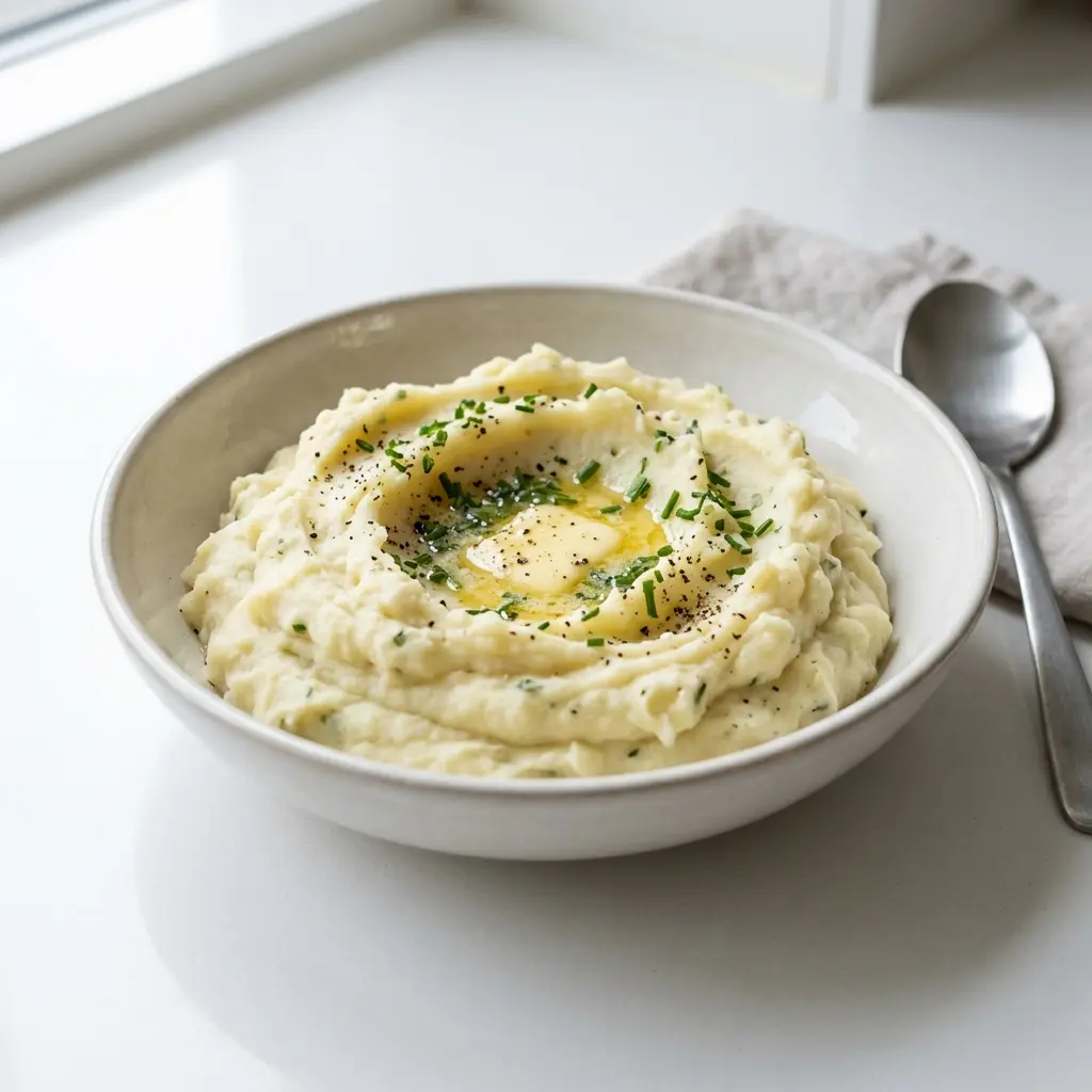 Nylagad hemgjort potatismos serverad på ett aptitligt och hemlagat sätt