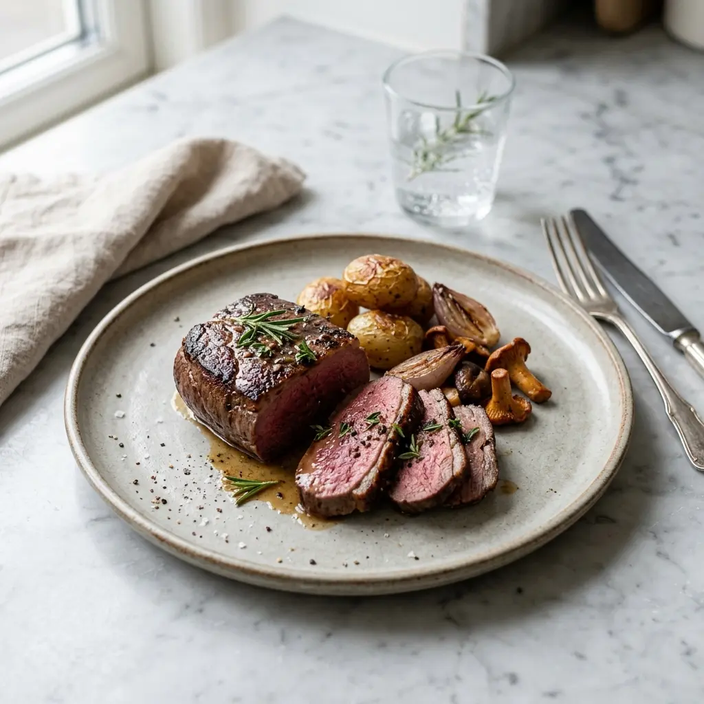 Ett glas hjortfilé i stekpanna serverat kallt och fräscht med enkel garnering