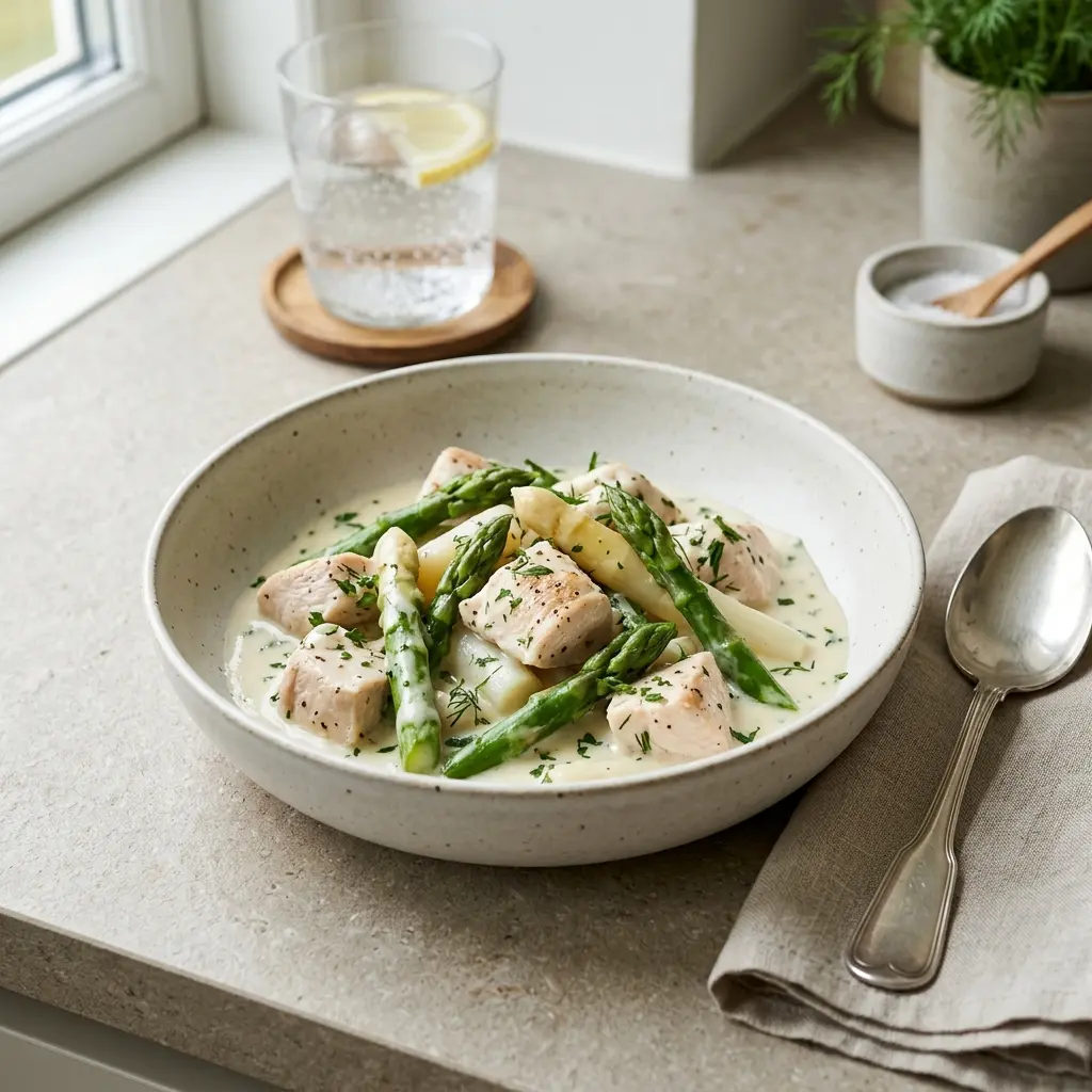 Nylagad höns i sparris med kycklingbröst serverad på ett aptitligt och hemlagat sätt