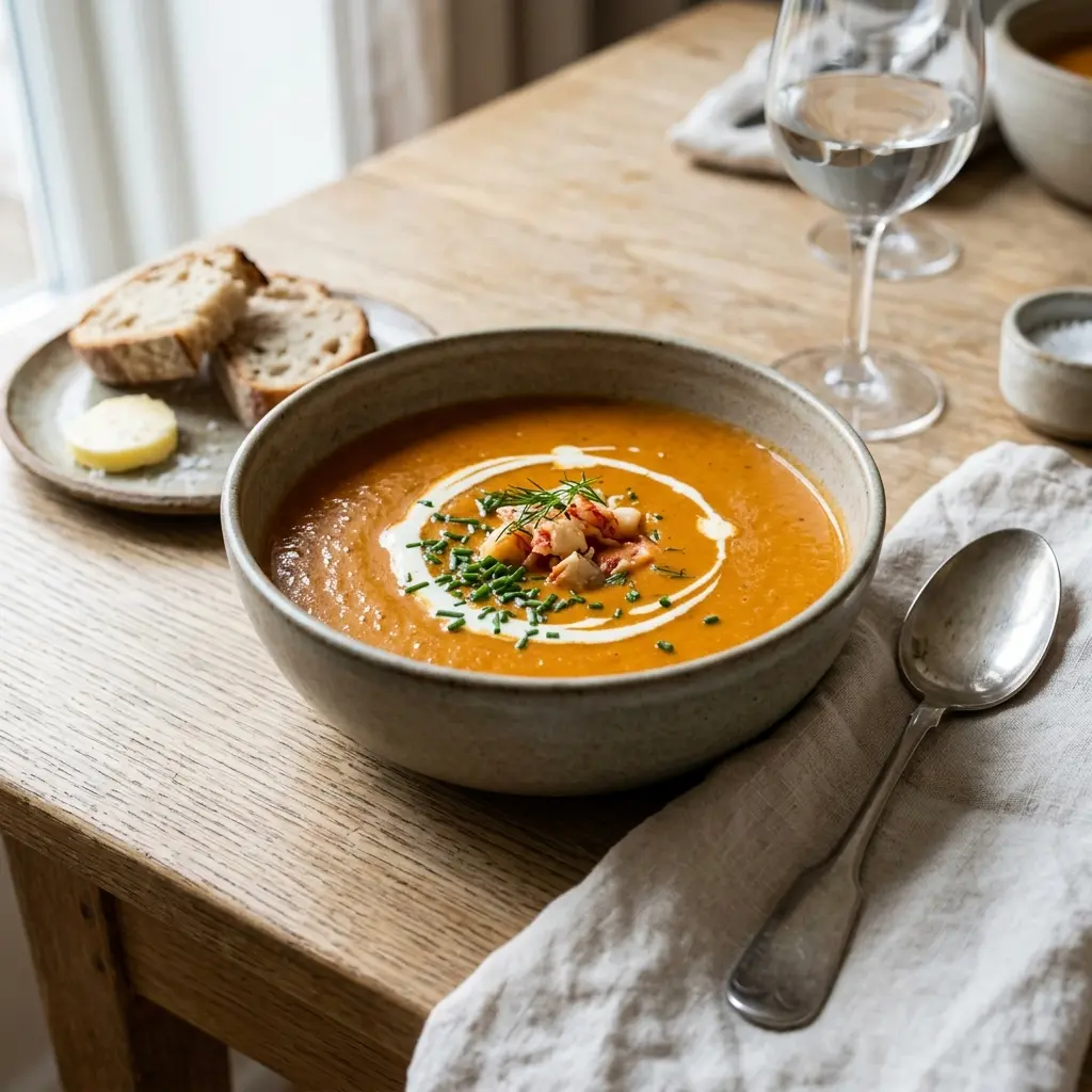 En varm skål hummerbisque serverad med ett inbjudande och hemlagat uttryck