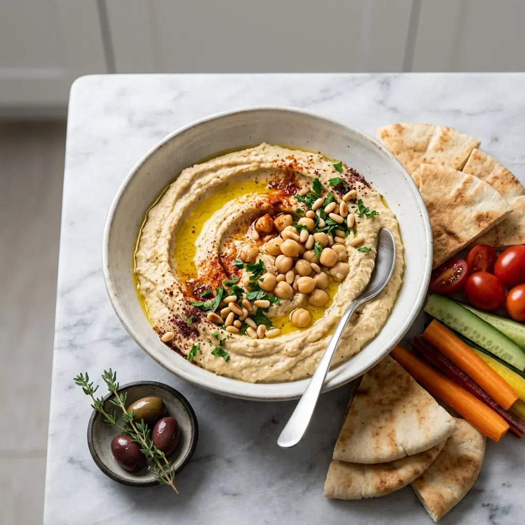 Nylagad hummus serverad på ett aptitligt och hemlagat sätt