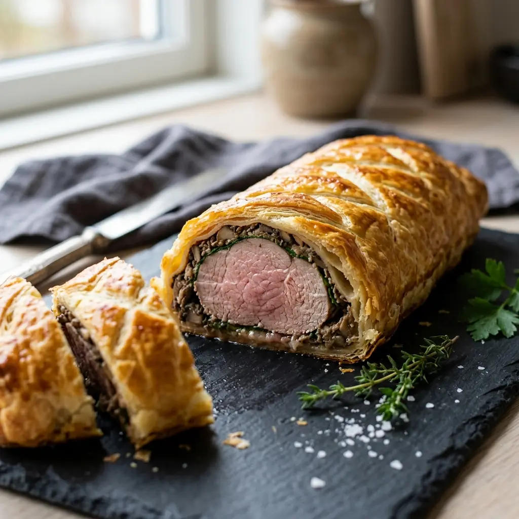 Nylagad inbakad fläskfilé serverad på ett aptitligt och hemlagat sätt