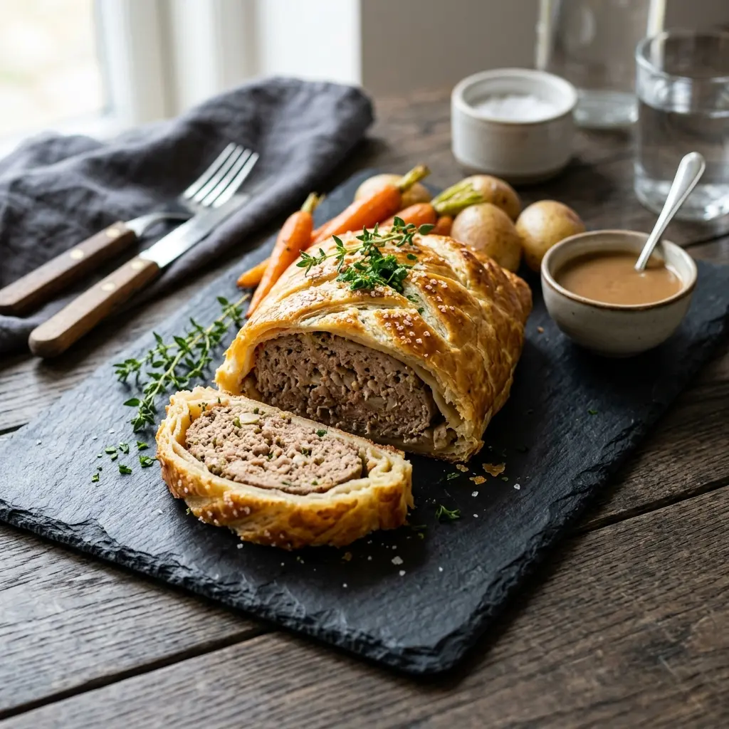 Nylagad inbakad köttfärslimpa serverad på ett aptitligt och hemlagat sätt