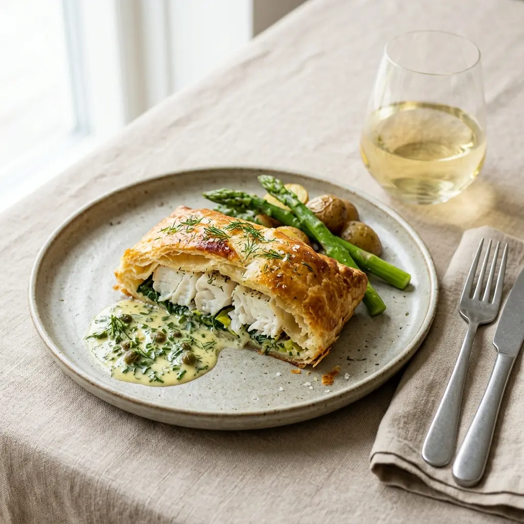 Nylagad inbakad torsk serverad på ett aptitligt och hemlagat sätt