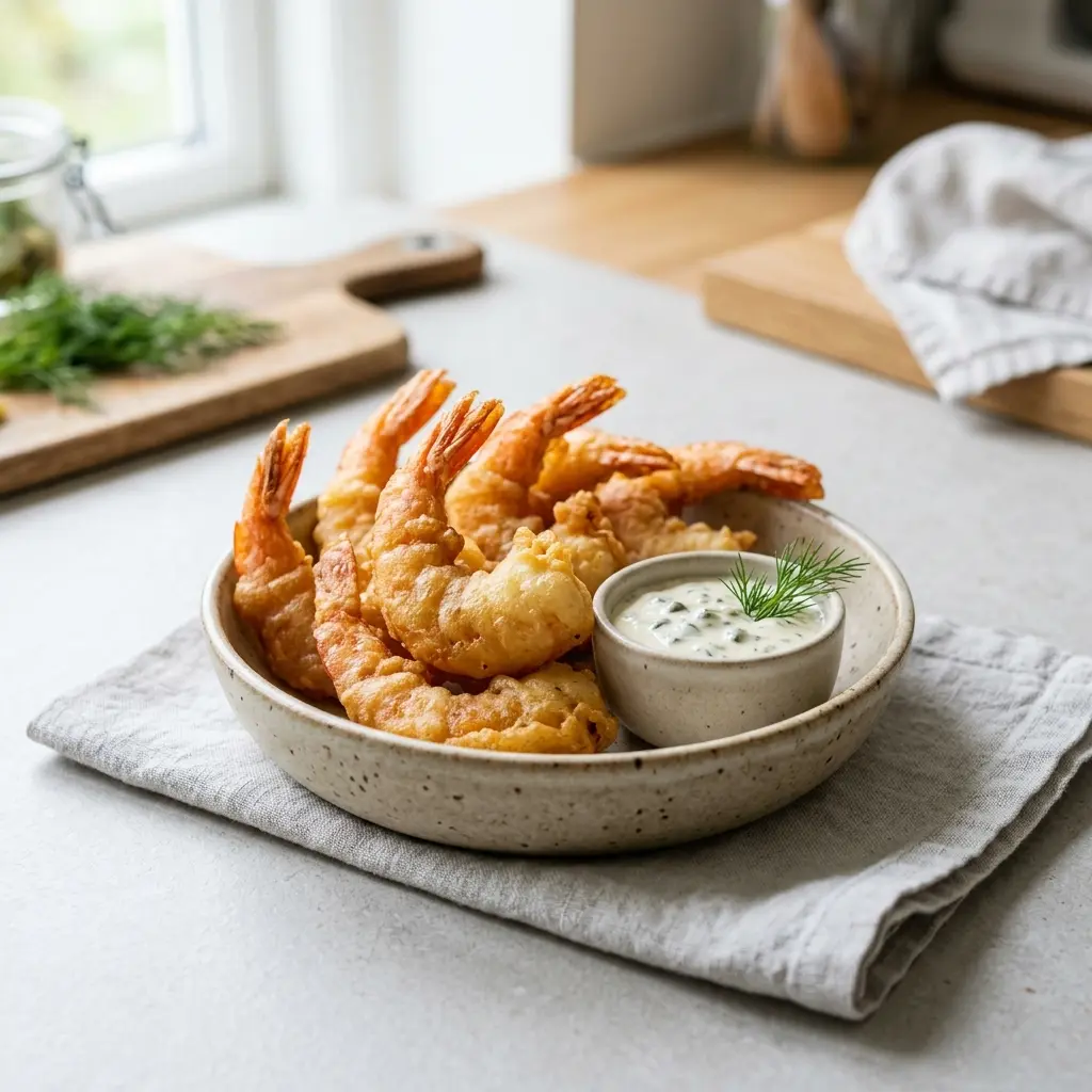 Nylagad inbakade räkor serverad på ett aptitligt och hemlagat sätt
