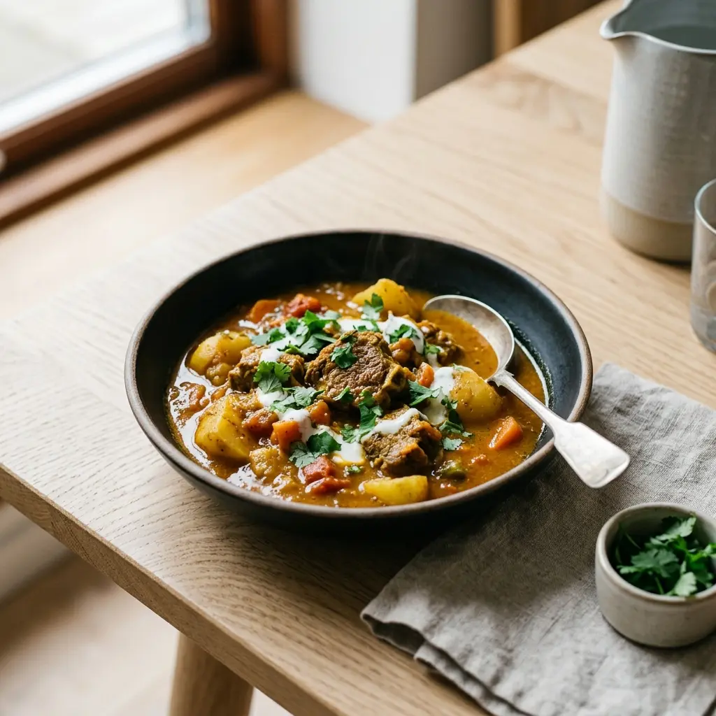 Nylagad indisk lammgryta serverad på ett aptitligt och hemlagat sätt