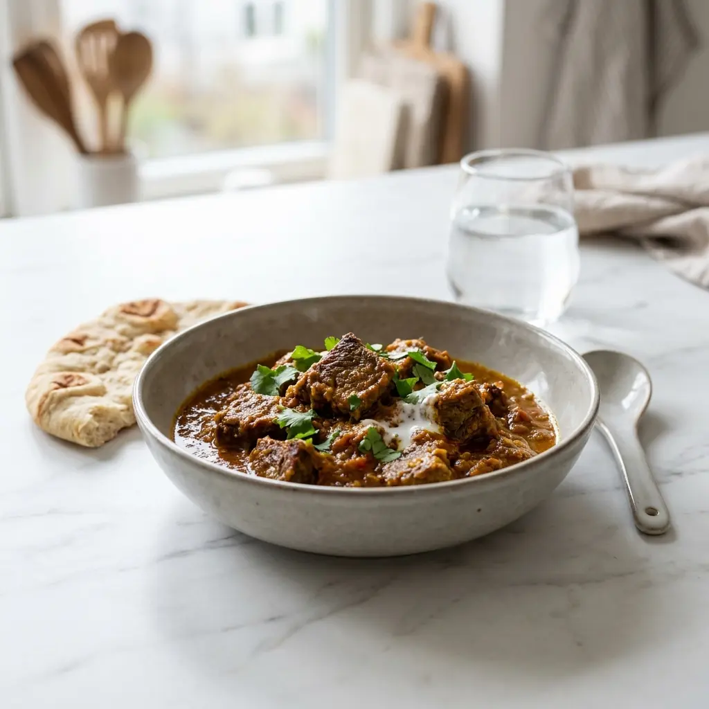 Nylagad indisk nötköttsgryta serverad på ett aptitligt och hemlagat sätt