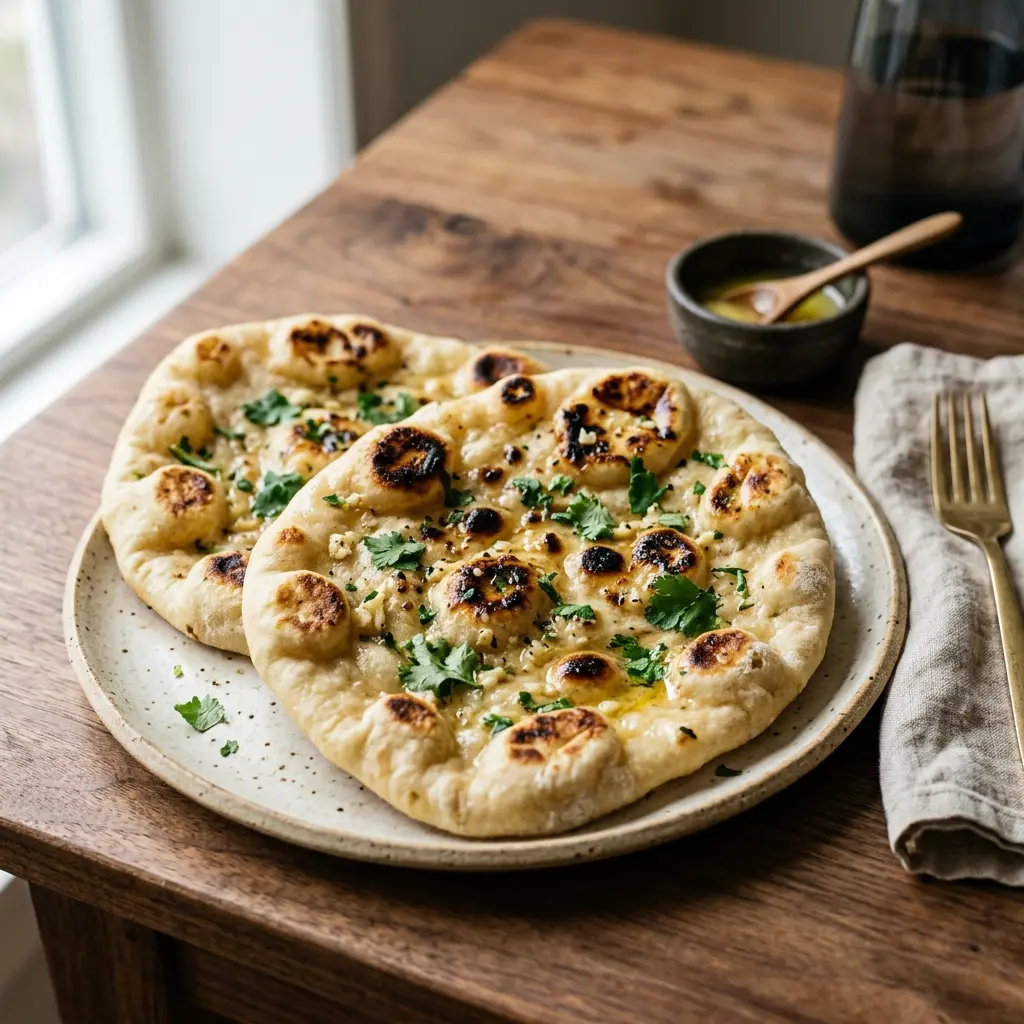 Nylagad indiskt naan serverad på ett aptitligt och hemlagat sätt