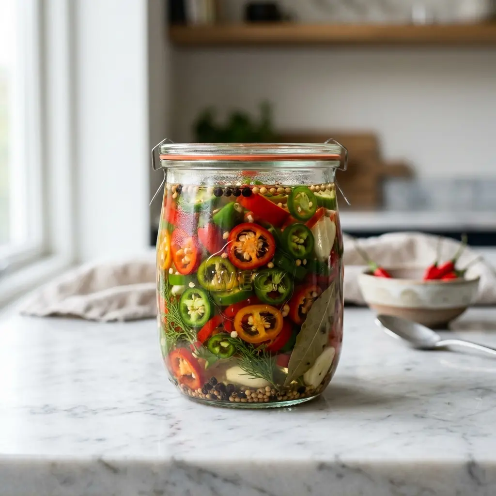 Nylagad inlagd chili serverad på ett aptitligt och hemlagat sätt