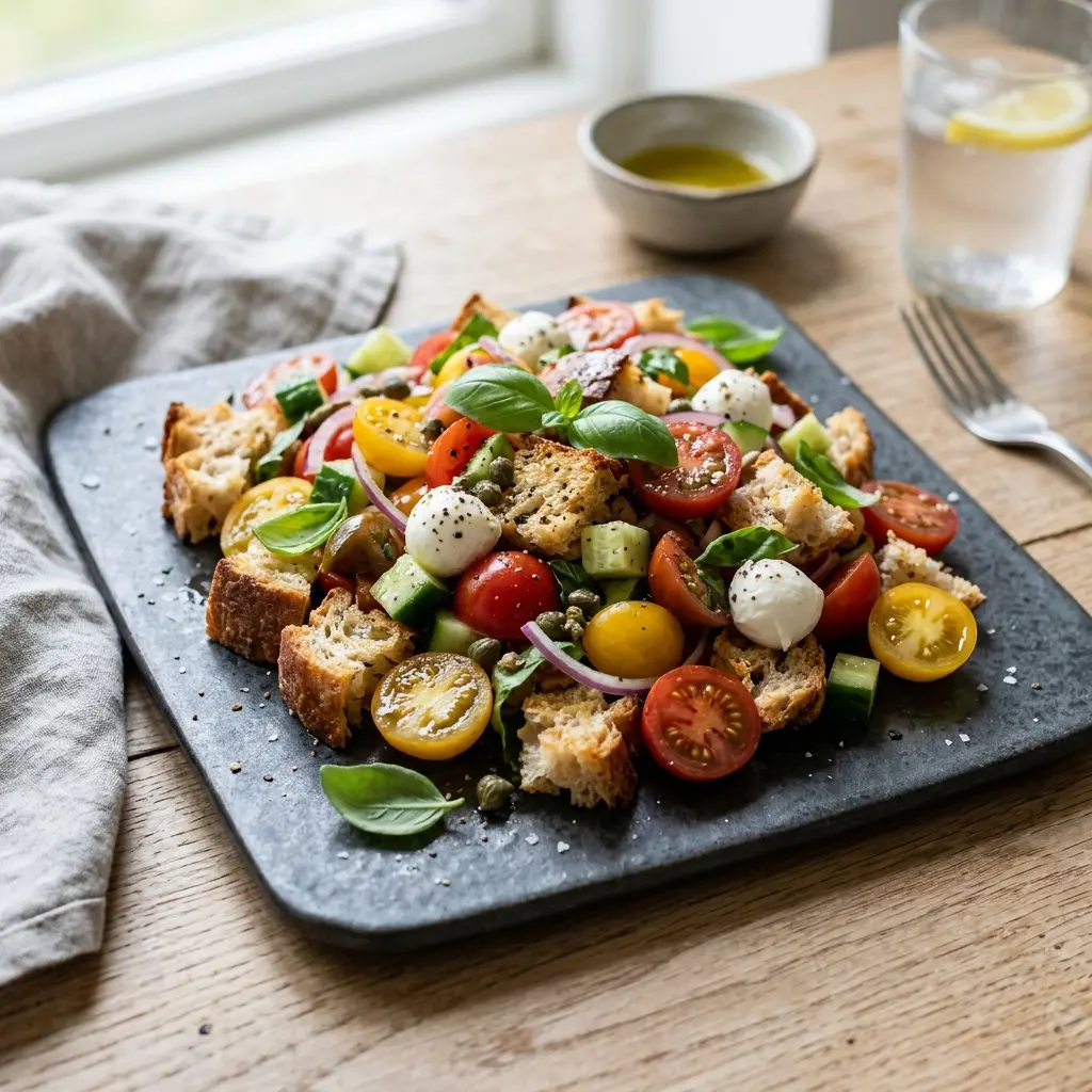 Nybakad italiensk brödsallad serverad och klar att njuta av
