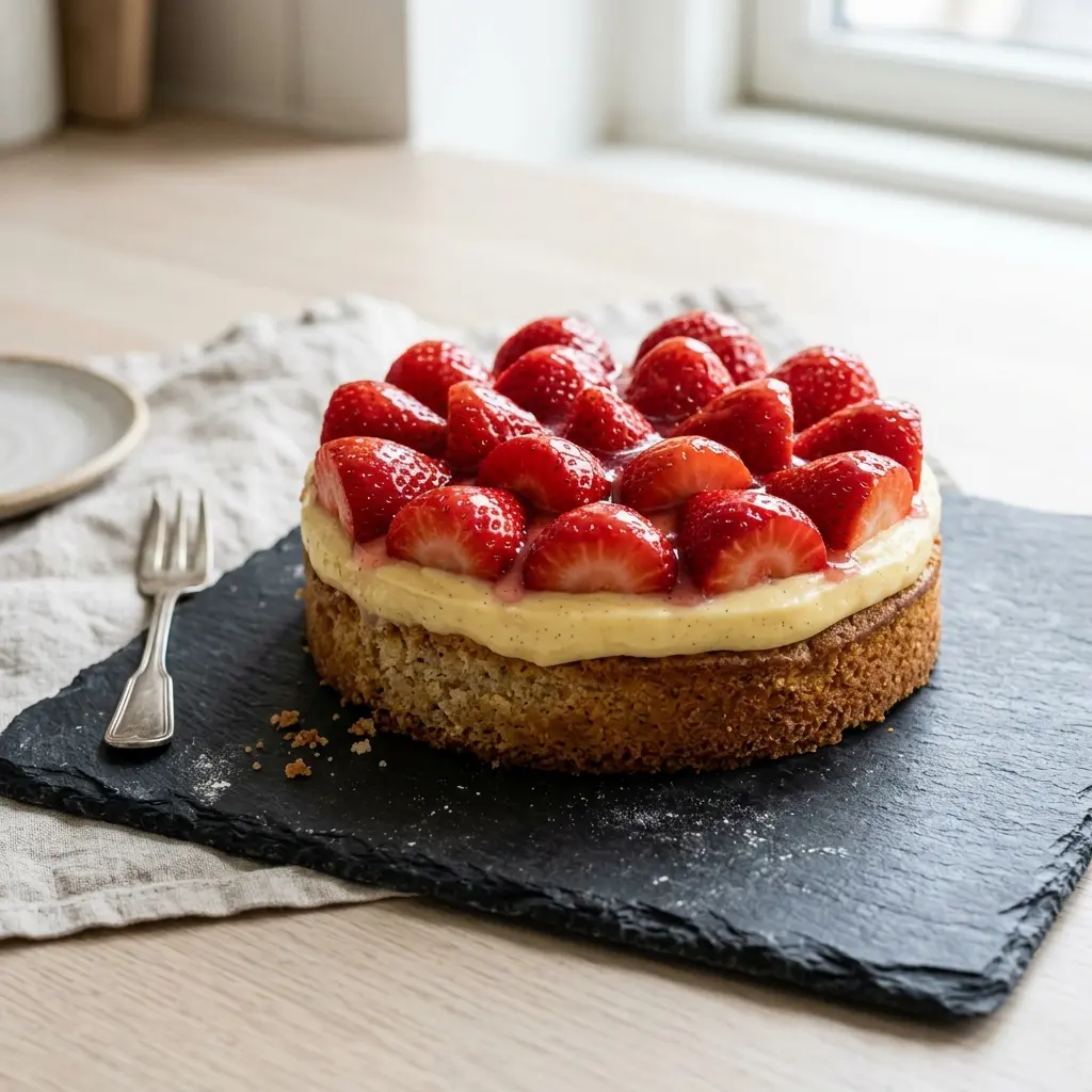 Hemlagad jordgubbskaka serverad som en söt och inbjudande dessert