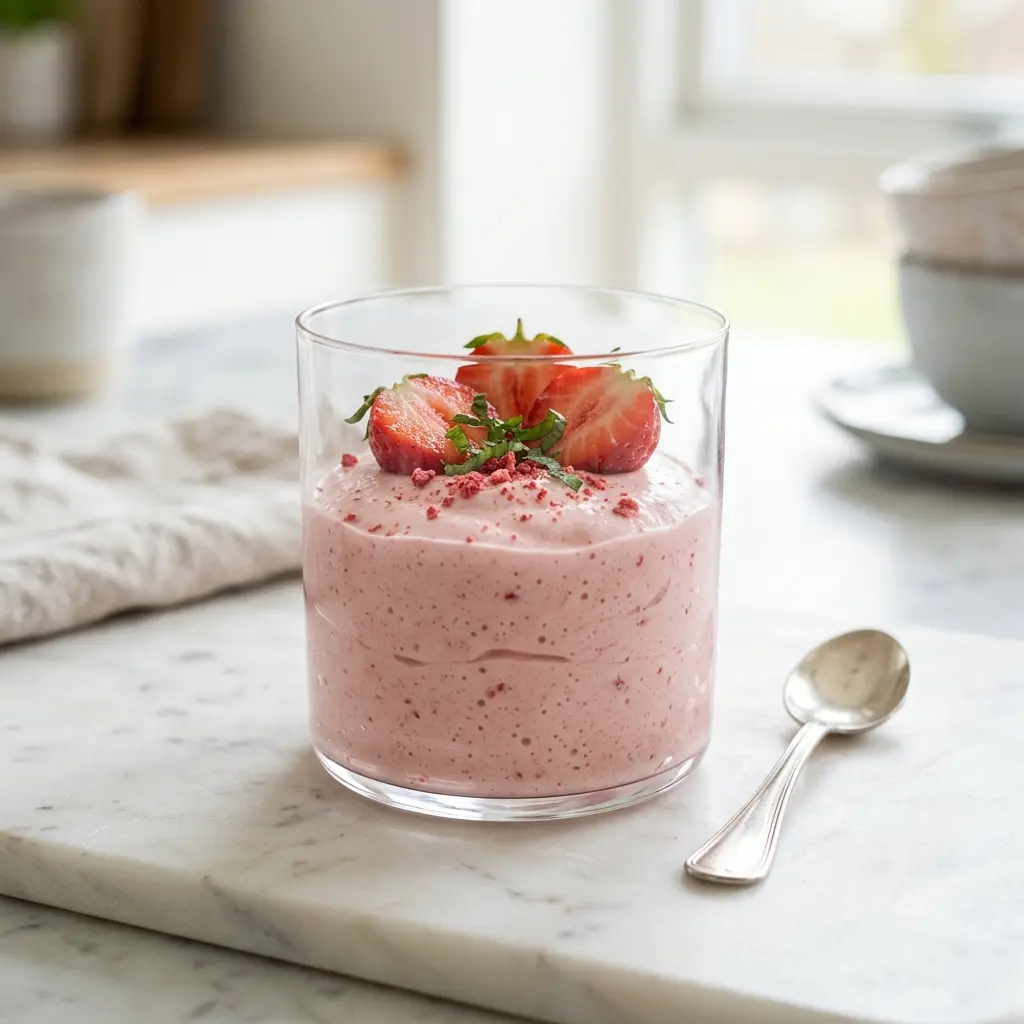 Hemlagad jordgubbsmousse serverad som en söt och inbjudande dessert